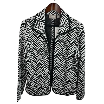 Blazer Chico’s Talla Mediana Elani Negro Blanco Chevron Jacquard Capa de Carrera Nuevo Foto 1 de 4