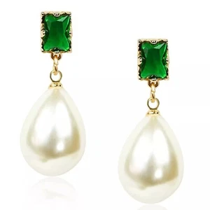 2.50Ct Emerald & Pearl Drop Dangle Women's Gift Earrings 14k Yellow Gold Plated - Picture 1 of 7