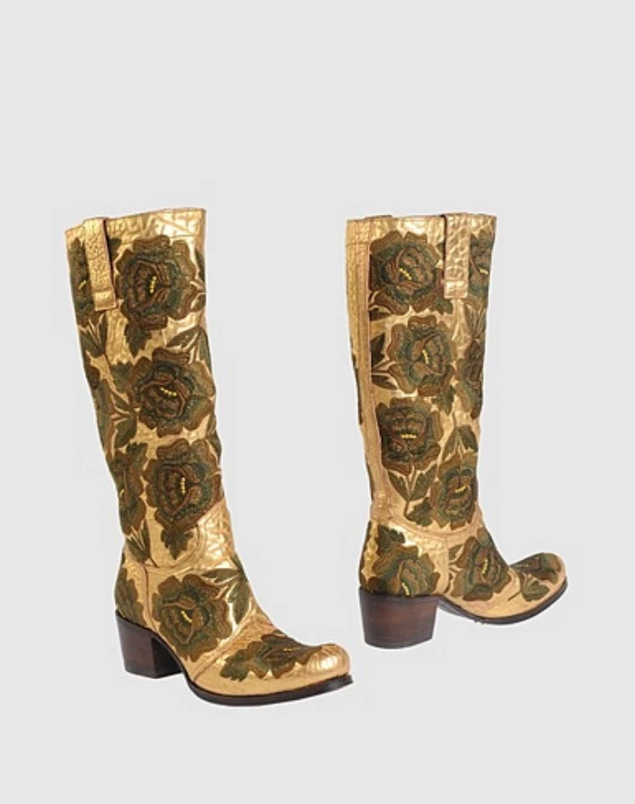 Botas de couro bordado floral metálico dourado GIANNI BARBATO 38 8 fabricadas na Itália - Imagem 1 de 1