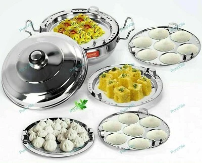 Acciaio Inox Induzione Fondo Multi Utilità Kadhai Set con Coperchio E 5 Piatti - Immagine 1 di 4