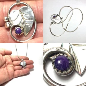 47 Ct Tw Natural Sugilite 925 Sterling Silver Leaf Vine Pendant Estate jewelry - Picture 1 of 11