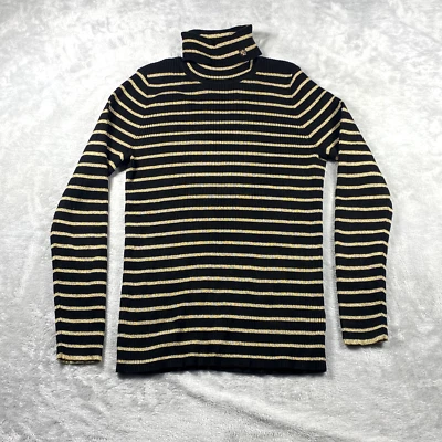 Lauren Ralph Lauren 女式 L 海龟领毛衣黑色和金属金色条纹 — 第 1/4 张图片