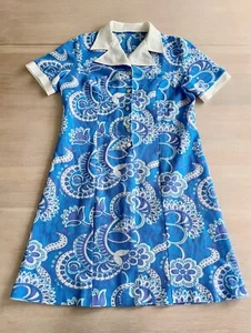 Blue Floral Shirt Dress From Finland, 70s Psychedelic Dress, Size M/L - Picture 1 of 9