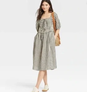 Universal Thread Dress XXL/2XL Linen Striped Puff Boho Cottage Peasant Coastal - Picture 1 of 12