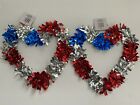 2 Fourth 4th of July Patriotic Tinsel Hearts Red Silver Blue Wall/Door Decor NEW