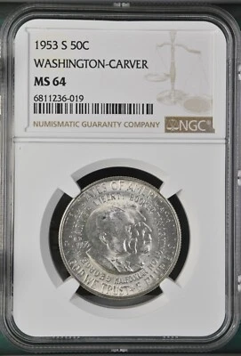 1953-S 50C Washington Carver Commemorative Half Dollar   NGC MS64   6811236-019 - Image 1 of 2