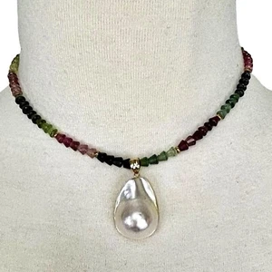 Multi Tourmaline 18k Beaded 14” Necklace & Mabe Blister Pearl Pendant Solid Gold - Picture 1 of 22