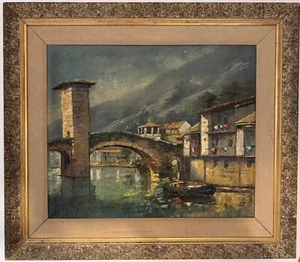 Large antique oil painting on canvas La Muza Bridge- Balmaseda J.H.Miller - Picture 1 of 9
