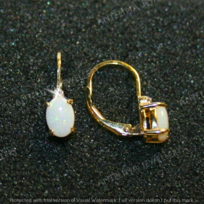 3 CT Oval Cut Fire Opal & Diamond Leverback Hoop Earrings 14k Yellow Gold Finish - Image 1 of 4