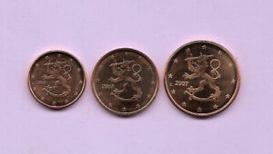 FINLANDE 2007, Lot 3 pièces euro, 1 + 2 + 5 Cents / UNC NEUF / €, Eurocent