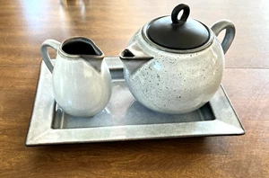 Tarros-Francia Tourron Gris Ecorce Tetera Crema Bandeja Juego de Gres Gris Moteado - Imagen 1 de 19