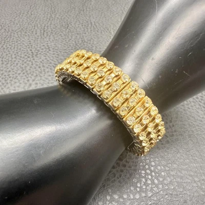 Vintage Gold Tone Stretch Bracelet Wide Rhinestone Crystal Bangle 7" Retro Glam - Image 1 of 4