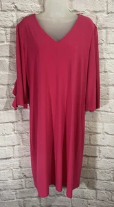 Clara Sun Woo Bright Pink Dress XL Ruffle Sleeve Stretch Liquid Knit Versatile - Picture 1 of 9