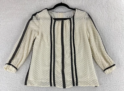 J. Camisa Crew Mujer Talla 2 Marfil Punto Suizo Ribete Encaje Manga 3/4 Mezcla Seda Foto 1 de 4