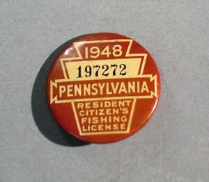 Vintage 1948 Pennsylvania Fishing License Pin PA Pinback Button Badge, comb ship