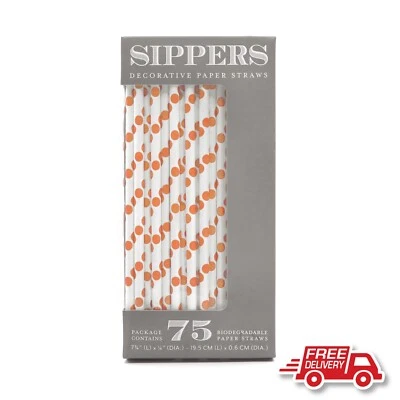 SIPPERS DECORATIVE PAPER STRAWS-75 PACK-PEACH POLKA DOT**FREE POST** - image 1 of 2