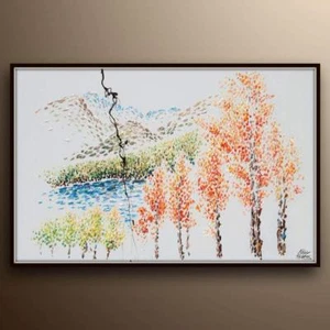 Beautiful 60x40" landscape painting mountains and lake, contemporary modern art - Picture 1 of 5