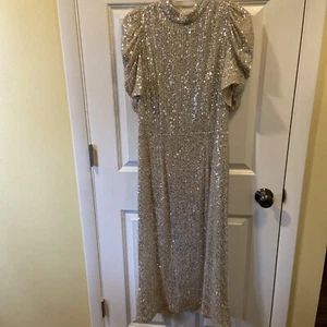 H&M Silver Sparkle Cocktail Dress Puff Sleeves Party Formal Stretch Women’s Sz M - Picture 1 of 9