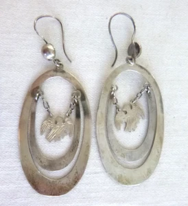 Vint. Artisan Double-Loop 3.25" Dangle Earrings Etched Bird 925 Sterling Silver - Picture 1 of 3