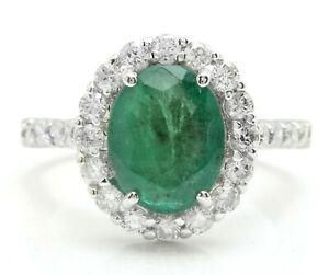 3.85 Carat Natural Emerald and Diamonds in 14K Solid White Gold Women’s Ring