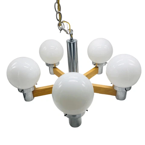 Mid Century 5 Arm Globe Ceiling Light Fixture White Glass Wood Chrome Atomic CA Cover