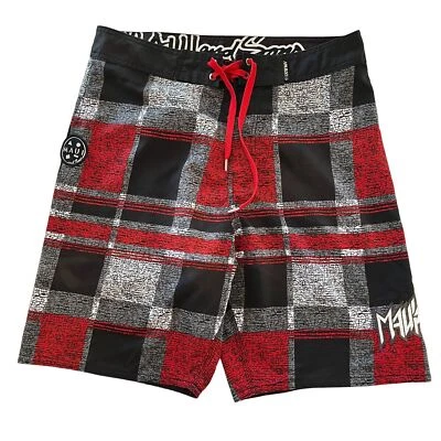 Maui Board Shorts Mens Sz 34 Black White Red Check Surf Swim Wear Trunks Pockets - Image 1 of 4