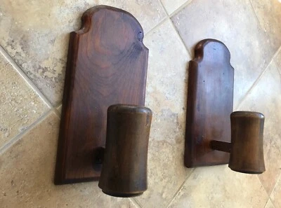 2 Antique Primative Hand Turned Rustic Wood Wall Candle Holders Farmhouse Decor - Image 1 of 4
