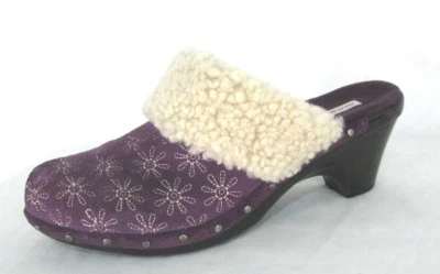 Isaac Mizrahi Live Clogs Shoes Sz 7W Oak Purple Suede Floral Mules Heels Slip On - Image 1 of 4