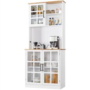 Pantry Buffet with Hutch, Kitchen Storage Pantry with Adjustable Shelves