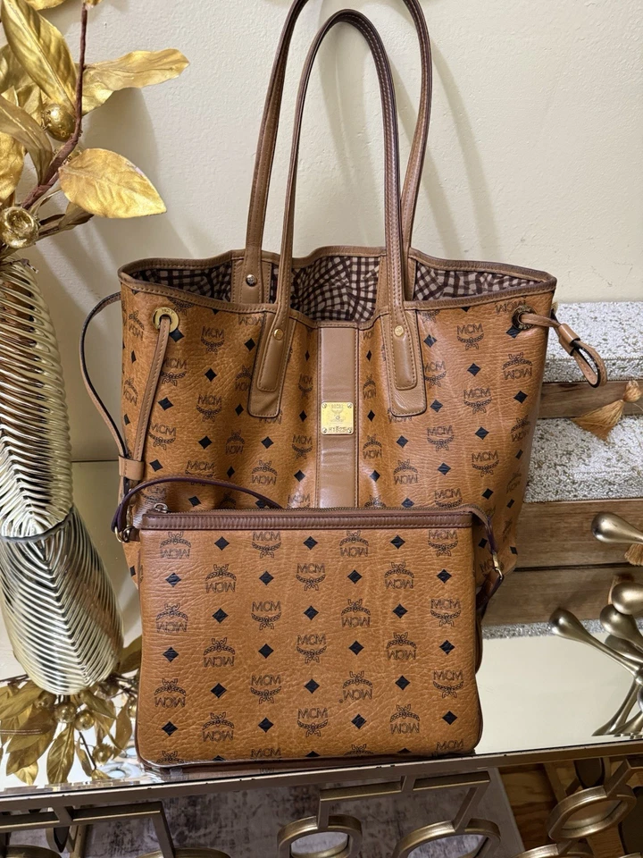 Authentic MCM Large Reversible Liz Shopper Tote Bag in Cognac w/ Clutch Set - Image 1 of 4