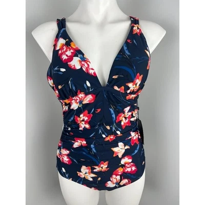 Traje de baño Tommy Hilfiger azul marino floral de una pieza espalda cruzada Foto 1 de 4