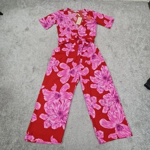 Dancing Leopard Jumpsuit UK 8 Wrap Pockets Short Sleeve Floral Red Pink L21 - Imagen 1 de 14