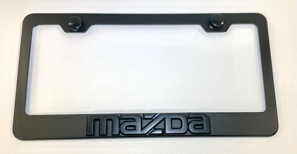 Marco de matrícula negro mate de acero inoxidable emblema Mazda 3D con tapas Foto 1 de 2