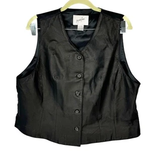 TG Jacqueline Ferrar Black Real Leather Satin Button Up Sleeveless 90s Vest XL - Picture 1 of 9