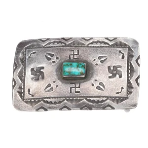 c1930 Navajo sterling silver whirling logs belt buckle w/ nice turquoise - Picture 1 of 5