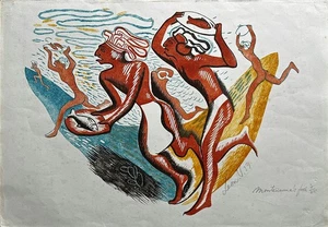 Leon Underwood (1890-1975) Lápiz Firmado Color Linocut Montezuma's Fish 1939 - Imagen 1 de 8