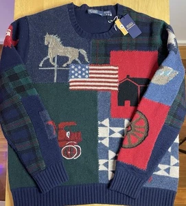 NEW MEN'S S POLO RALPH LAUREN WOOL PATCHWORK FLAG SWEATER IN NAVY XXL - Foto 1 di 3
