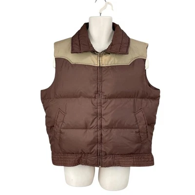 Vintage Western Vest Men Size L Brown Tan Down Feather Puffer Zip Retro Utility - Image 1 of 4