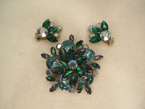 VTG Celebrity Signed Multi-Shade Green & Clear Rhinestones Brooch & Earrings~MCM - Picture 1 of 15