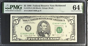 1988 $5 Federal Reserve Note Fr-1979-E Richmond PMG64 Choice EPQ - Picture 1 of 4