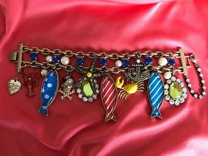 Betsey Johnson Vintage Nautical Polka Dot Fish Skull Pirate Lobster Bracelet - Picture 1 of 8