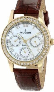 Peugeot Women's 3025 Gold-Tone Swarovski Crystal Accented Brown Strap Watch - Picture 1 of 1