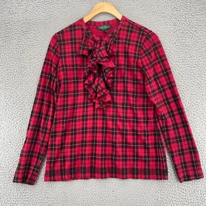 Lauren Ralph Lauren Top Womens Large Petite Red Plaid Ruffle Front Long Sleeve - Picture 1 of 11
