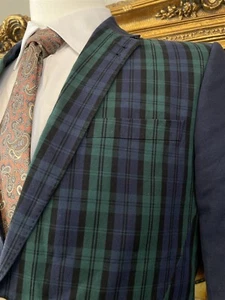 H&M 40R Green & Navy Tartan Plaid Cotton & Linen Ultra Slim 2Btn Blazer Jacket - Picture 1 of 11