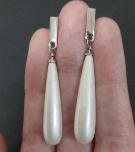 CLIP ON 2"LONG PEARL EARRINGS classic teardrop SILVER TONE screw RETRO vintage - Picture 1 of 12