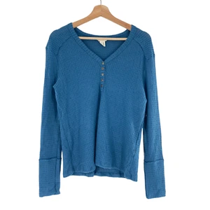 Caslon Waffle Henley V-Neck T-Shirt Ocean Blue Langarm - Bild 1 von 5