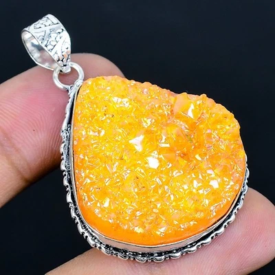 Orange Titanium Druzy 925 Silver Plated Handmade Pendant of 1.89" - Image 1 of 3