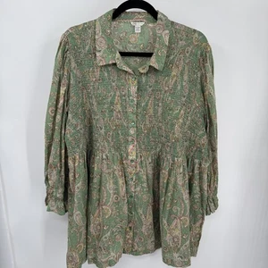 Cato Blouse Womens Plus 22/24W Green Paisley Smocked Peplum Button Front Office - Picture 1 of 9