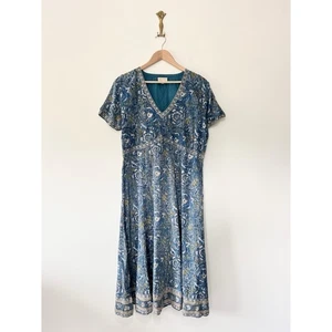 East Anokhi Midi Dress Block Print Size 18 Teal Paisley Cotton Tie Waist - Picture 1 of 9