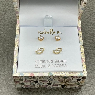 Isabella M Sterling Silver Cubic Zirconia Earrings Set Gold Tone Studs Gift Box - Image 1 of 4